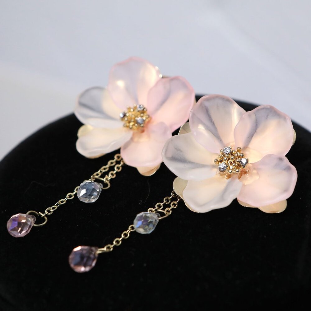 Blush Pink Frosted Flower Dangle Earrings | Gold Tone Cherry Blossom Floral Drop - Picture 5 of 6